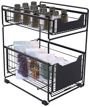 Sliding Drawer Counter Organization Shelf Rack, DSYOGX 2-Tier Under Sink Storage Organiser Kitchen Drawer Telescopic Drawer Shelf, for Bedrooms Bathrooms Kitchens, 37.4x28.2x44cm, Black