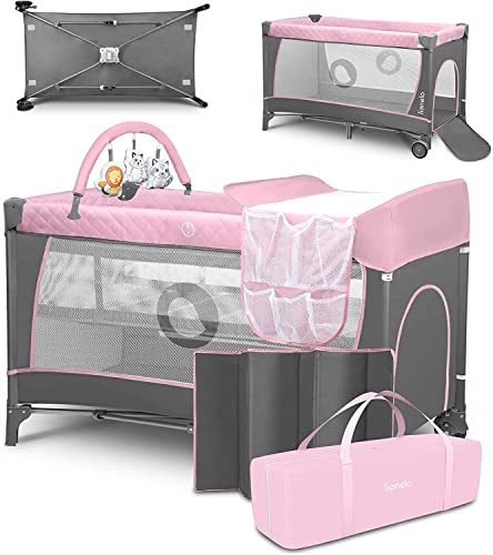 lionelo Travel Cot and Baby zone FLOWER 2-in1-with Changing Table for Newborns and Toddlers 0-36 kg, 2-level Mattress height, Mesh transparent Walls, Side Entry, Toy Bar, LockGuard Safety, Quick-Fold