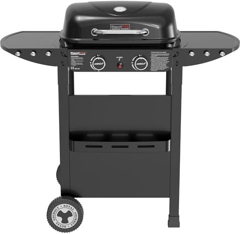 Royal Gourmet 2 Brûleurs Barbecue Gaz sur Chariot, 2 en 1 Plaque et Grille Combinés avec Tables Latérales Pliables et Couvercle, Puissance 5kW, Adapté pour Jardin et Camping, Noir