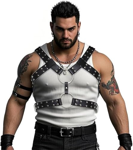 Moinha Men's Leather Corset, Punk Men'S Punk Gothic Fetish Bandage Clothing Corset, Adjustable Leather Body Chest Harness Belt Sexy Slave Club Clothing, Role-Playing Party Clothing