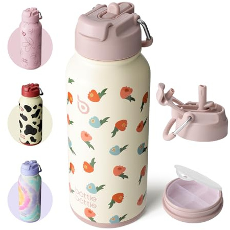 BOTTLE BOTTLE Insulated Water Bottle 950ml(32oz) Stainless Steel Sports Water Bottles with Straw Dual-use Lid Drink Flask Design for Gym with Pill Box (buds rain)