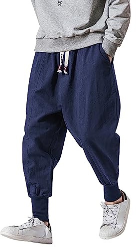 Fulidngzg Pantaloni Giapponesi Uomo Casual con Elastico alla Caviglia Pantalaccio Taglie Forti Larghi Leggeri da Spiaggia Pantalone Lino Estivo Elegante