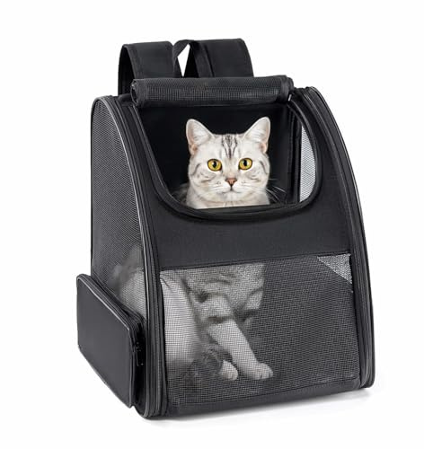 Conlun Mochila Gato y Transportin Perro pequeño para Perros pequeños y Gatos de hasta 7 kg, Mochila para Perros Ventanas de Malla en 3 Lados, para Viajes y Senderismo,Negro
