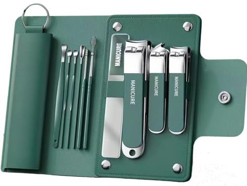 Bibykivn Kit de Manicura y Pedicura de 10 Piezas de Acero Inoxidable -Set Profesional Para Uñas, Cutículas y Cuidado de Los Pies -Con Estuche de Viaje Para Mujer y Hombre (Verde oscuro)