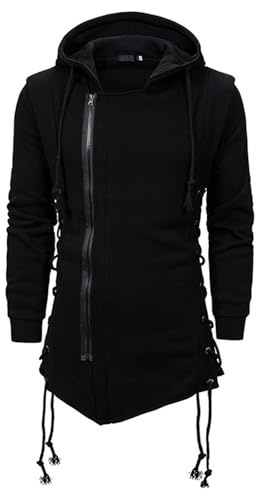 JMSUN Uomini Assassin Robe Felpe con cappuccio Gotico Asimmetrico Cerniera Laterale Lace Up Pile Giacca con Cappuccio, nero, Medium