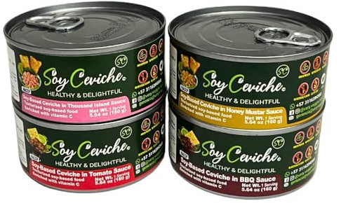 Soy Ceviche Plant-Based Tuna Alternative Ready to Eat Vegan Snack, Canned Protein Food, Gluten Free, Shelf Stable Instant Meal, Tomato, Thousand Island, BBQ & Honey Mustard, 5.64 oz, 4 Count
