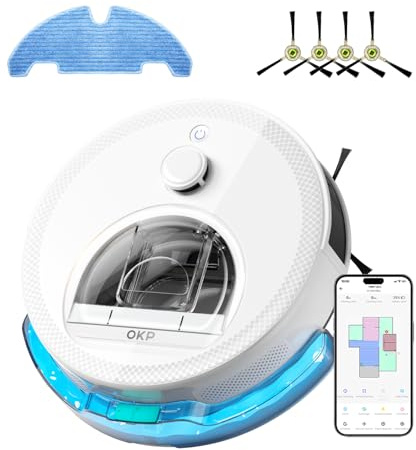 OKP L6 Aqua Robot Aspirapolvere Lavapavimenti con Mappatura, 6000Pa, 150min, Navigazione dToF, Zona vietata, 3 IN 1 Robot Aspirapolvere e Lavapavimenti, Per Tappeti/Pavimenti/Peli, WiFi/APP/Alexa