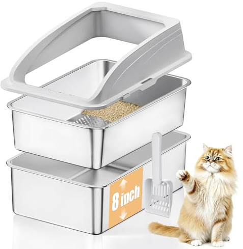 APPKER 23.6x15.7x13.78 Stainless Steel Sifting Litter Box with Lid, XL Sifting Design for Pine Pellets, High Sides Metal Litter Box for Big Cats 7.9in Deep, Easy-to-Clean, Non-Stick