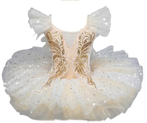 OTMYIGO Vestito da tutù da Balletto per Bambini, Gonna da Ballo per Bambine, Abito da Principessa Pancake, Costume da Competizione di Danza Classica,d'oro,120