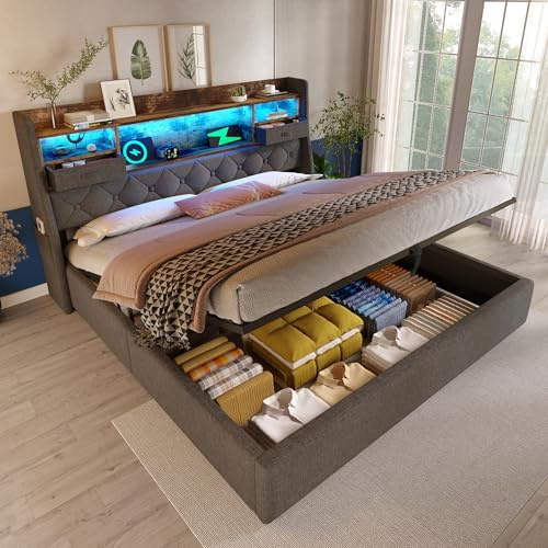 RIAZOS Polsterbett 180x200 cm, Doppelbett mit Hydraulisch Stauraum, Kopfteil mit LED Staufach und USB-Ladefunktion, Bettgestell für Jugendliche und Erwachsene, ohne Matratze, Grau