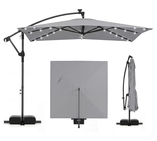 COSTWAY 2.5M/3M Cantilever Garden Parasol, Square Offset Banana Umbrella with 360° Rotation, Crank Handle & Base, 8-Rib Outdoor Hanging Sun Shade Canopy (2.5M, Grey-with Lights & Sandbags)
