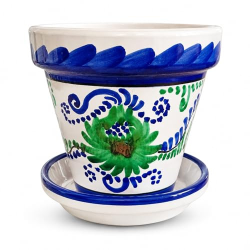 Maceta cerámica con plato 20x17 cm, diseño estilo pintado a mano azul y verde, maceta decorativa para interior exterior, tiesto esmaltado para plantas, flores, cactus, suculentas y hogar moderno