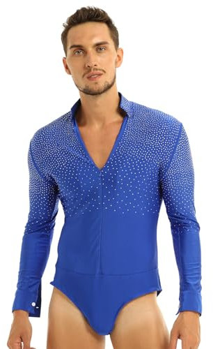 MSemis Herren Langarm Body Latein Hemd Jazz Tango Glitzer Shiny Tanz Kostüm Freizeit Hemd mit Reißverschluss Stretch Bodysuit Turnanzug Blau XL