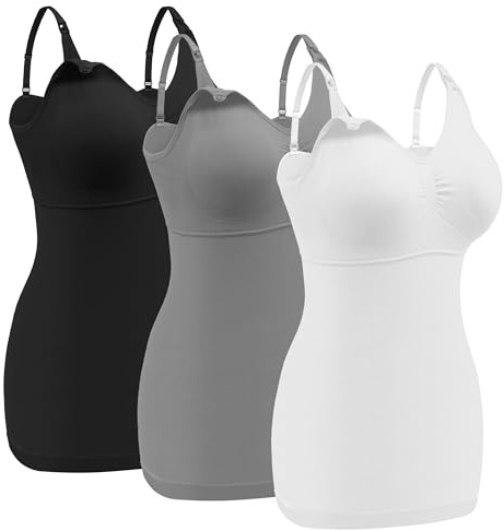 Angelhood Maternity Nursing Tank Tops for Breastfeeding,Womens Nursing Maternity Cami Built in Bra Sleep Bra, Black/Gray/Whtie, M