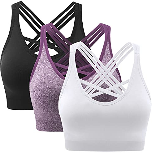 ANGOOL Padded Sports Bra Wirefree Mid Impact Yoga Bras Unique Cross Back Strappy for Gym Yoga