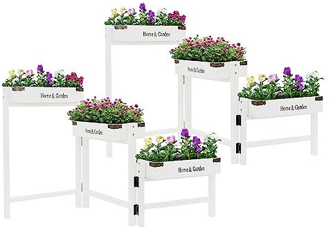 ML-Design 2er Set Blumenständer mit 3 Etagen, Weiß, Holz, 111cm, Blumenkasten 32x16x7cm, zusammenklappbar, Rustikale Kisten, Pflanzenständer Blumenleiter Deko Pflanzenregal Pflanzentreppe Pflanzgefäß