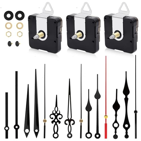 RISVOWO 3 Piezas Mecanismo Reloj de Pared, Mecanismo Reloj con 5 Diferentes Pares Agujas Reloj Pared, Silencioso Movimiento Reloj Pared para DIY Reparación de Reloj Reemplazo de Piezas