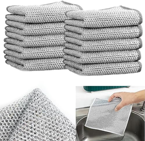 Mehrzweck Geschirrspüllappen aus Draht Wiederverwendbarer Kettennet Schrubber, Gusseisenreiniger, Topfreiniger, Reinigungstuch für Nass und Trockenreinigung, Putzlappen für die Küche (10, doppellagig)