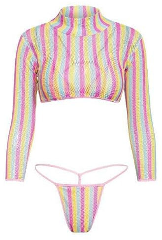 YLCYDLYU Sexy Dessous Sexy Mesh 3 Stück Badeanzug Frauen Langarm String Bikinis Sehen Durch Badebekleidung Weiblicher Schwimmanzug-Rosa-S