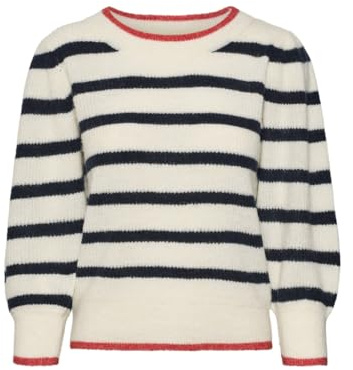 VERO MODA Jersey de Punto para Mujer VMVIGGA, Abeduro/Rayas: W. Blazer Azul Marino + Contraste Rojo Feroz, M