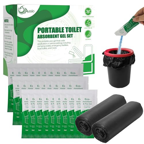 Aussio 30pcs Portable Toilet Absorbent Gel with 20pcs 6 Gallon Camping Toilet Bags, Poo Urine Powder for Hiking Camping, Poo Gel for Portable Toilet, Camping Toilet Gel Poo Powder for Outdoor Use