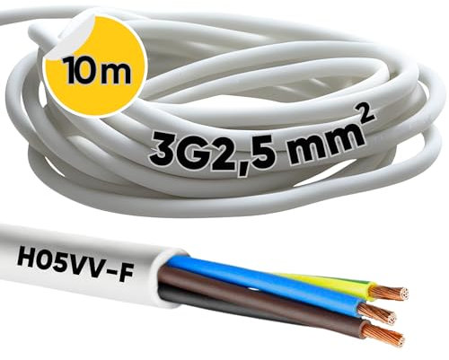 Kalitec H05VV-F - Cable de Manguera (10 m, 3 x 2,5 mm²) - Cable de Alimentación 3G2,5 mm² Con Conductor de Protección - PVC Para Interiores, Eléctrico Blanco, de Lámpara
