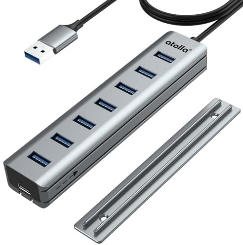 USB Hub 3.0 7-Port with Desk Mounted Design +100cm Long Cable, atolla USB Splitter Adapter with Multi USB 3.0 Data Ports and Powered Type-C, USB Extender for Desktop PC,Laptop,Mouse [Aluminium Metal]