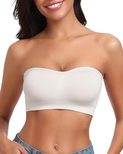 LEYSHE Bandeau BH axelbandslös bh utan bygel sömlös tub topp bh vadderad bandeau topp med transparenta remmar, Vit, XS