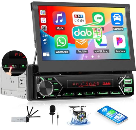 OiLiehu Autoradio 1 Din Dab avec CarPlay Android Auto sans Fil, 7 Rétractable Électrique Écran Tactile Lecteur MP5 Radio avec Bluetooth, FM, Lien Miroir, SWC, EQ, Type-C/USB, AUX, Caméra Arrière