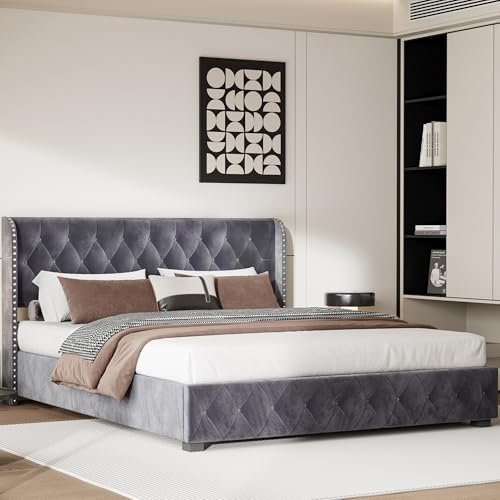 Polsterbett 180x200 cm, Hydraulisch Stauraumbett Funktionsbett mit Großer Stauraum, Modern Doppelbett mit Lattenrost - Chesterfield Steppung & Kopfteil - Bett Bettgestell, Einzelbett, Samt, Grau