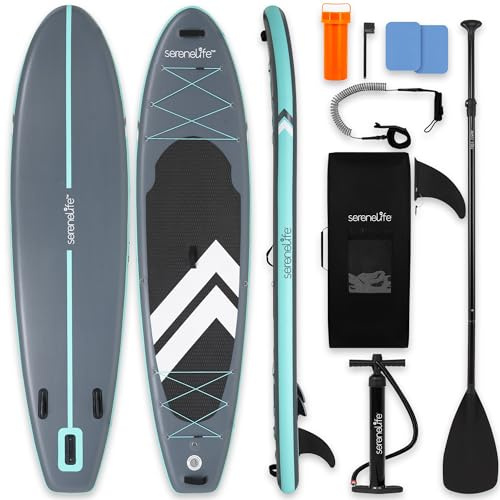 SereneLife 11’ Inflatable Stand Up Paddle Board with Premium SUP Accessories - 32” Wide Stable Design with Non-Slip EVA Deck Pad for Youth and Adults, 350 lbs. Capacity