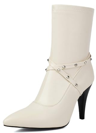 Botines De Tobillo con Tachuelas De Punta Puntiaguda para Mujer Tacón De Aguja Alto Punk Botas Cortas Cuero PU Zapatos De Vestir con Cremallera Lateral,Beige,37 EU