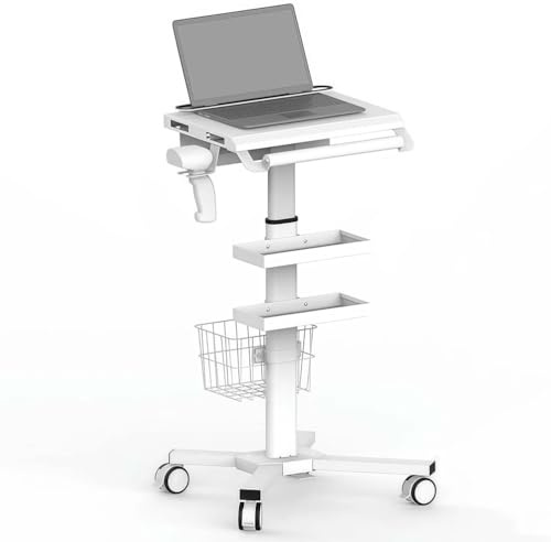 RVUEM Anti-Theft Medical Laptop Cart, Mobile Workstation, with Scanner Holder, Wheels, Basket Storage, Gas Lift, Height Adjustable, for Dental Office, Hospital, Clinic