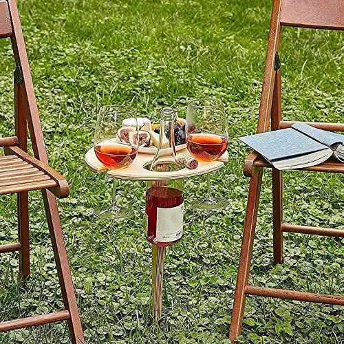Fesjoy Table à Vin Pliable en Bois pour Activités de Plein Air, Support de Verre à Vin Portable avec Assiette Dessert, Pied Table en Bois Massif pour Prairie et Sable, Idéal Pique-Nique, Plage,