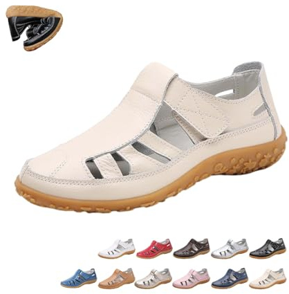 Sandali da donna in vera pelle, con punta chiusa, supporto ortopedico per arco plantare, sandali da passeggio, casual, comodi, suola morbida, scarpe estive sportive, Beige, 0 UK