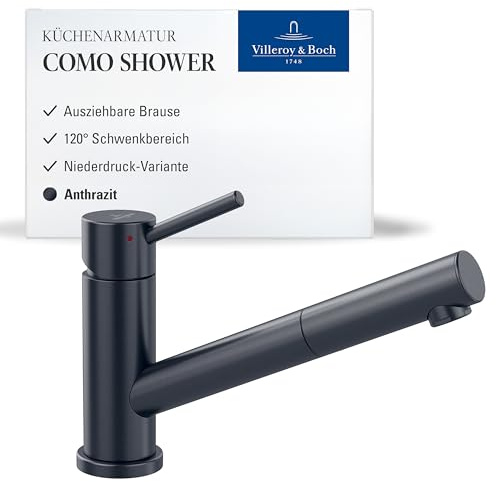 Villeroy & Boch Como Shower Niederdruck-Küchenarmatur mit ausziehbarer Handbrause und 120° Schwenkbereich, 120 mm Auslaufhöhe, komfortabler Bedienhebel, Anthrazit
