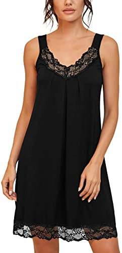 PrinStory Camisón suelto de encaje para mujer, camisón de algodón, lencería de jersey, Negro, XL