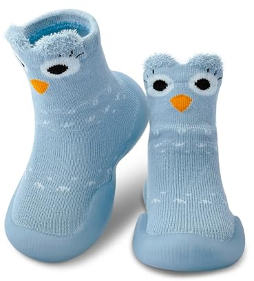 Dookeh Zapatos de gateo para bebé, zapatos para aprender a andar para niños, antideslizantes, zapatos de cabaña para niñas y niños, 1 búho azul, 12-18 meses