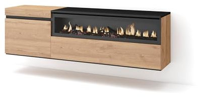 Skraut Home | TV-Schrank, Lowboard | für Wohnzimmer und Esszimmer | 150x45x35cm | Für TV-Geräte bis zu 65 | Elektrokamin. Maße | Hängend | Moderner Stil | Eiche Schwarz