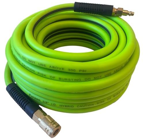 Air Hose 3/8 in x 25 ft, Heavy Duty, Lightweight, Kink Resistant, Hybrid Air Compressor Hose with 1/4 in Solid Brass Male Fittings, Bend Restrictors, 300 PSI (25FT, Green Black)