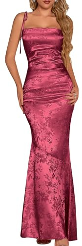 GLNEGE Women's Satin Bodycon Maxi Dress Elegant Formal Spaghetti Strap Cowl Neck Evening Party Dresses Wine