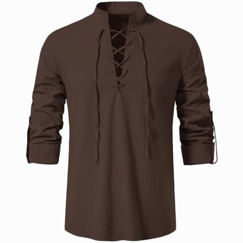 Rodawu Mens Linen Shirts Drawstring Henley Shirts Cotton Medieval Tunic Viking Tops Coffee Shirt