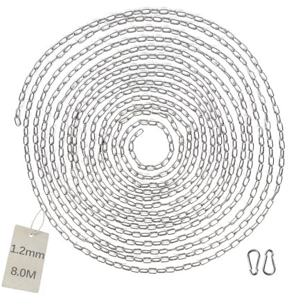 EXLECO 8M Edelstahlkette φ1,2mm Stahlkette Kette Gliederkette Absperrkette Zierkette mit 2 Karabinerhaken Metallkette zum Aufhängen Hundekette Ankerkette Rundgliederkette langgliedrig poliert