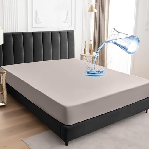 Wasserdichter Matratzenschoner 160x200cm Spannbettlaken, Atmungsaktive Matratzenbezug Wasserundurchlässiger Matratzen-Schutz Nässeschutz Spannbetttücher - Beige