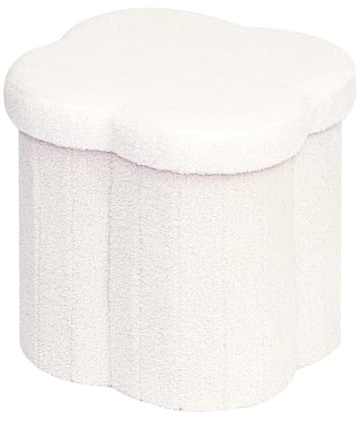 Bonlife White Ottoman Storage Box,Folding Storage Seat Box,Small Footstool For Living Room,Kid's Toy Chest Box,Teddy Flower Shape,38x38x38cm