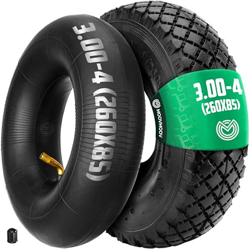 MOOVMOOV Neumático 3.00-4 (260x85) con Cámara de Aire Válvula Acodada TR87 | Compatible con Carretillas de Transporte, Remolques, Carros de Jardín de 4 Ruedas - Para Neumático 3.00-4