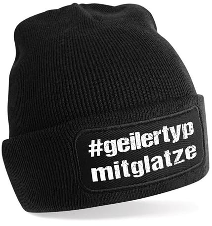 Herzbotschaft Beanie Strickmütze mit Spruch | #geilertypmitglatze - Geiler Typ mit Glatze | schwarz | Unisex SoftTouch angenehm weiche und warme Wintermütze | OneSize Einheitsgröße für Erwachsene