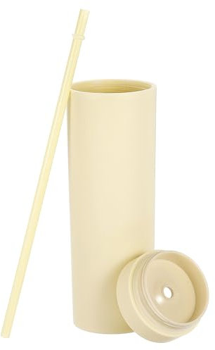 QUARKZMAN Bicchiere a Doppia Parete con Cannuccia e Coperchio, 16 Oz Acrilico Dritto Bulk Riutilizzabile Tazza Fredda Trasparente Tazza Caffè Freddo per Feste Compleanni, Colore Crema Opaco