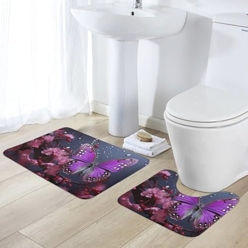 GHBNK Teppich-Set, 2-teilig, saugfähig, rutschfest, Badezimmerteppich, waschbar, WC-Vorleger mit PVC-Unterseite, Korallensamt, Badteppich-Set, Lila / Pflaume / Schmetterling