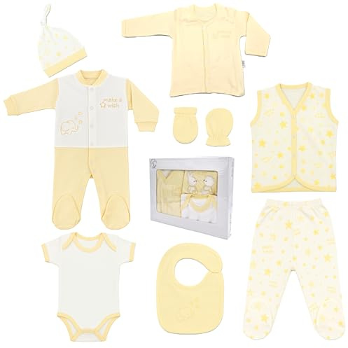 Blue Eyes nyfödd baby presentset unisex | 8 delar första kläder och babyutrustning | OEKO-TEX® certifierad 100 % naturlig bomull | 0–4 månader spädbarn gåva babyshower (Stjärna gul)